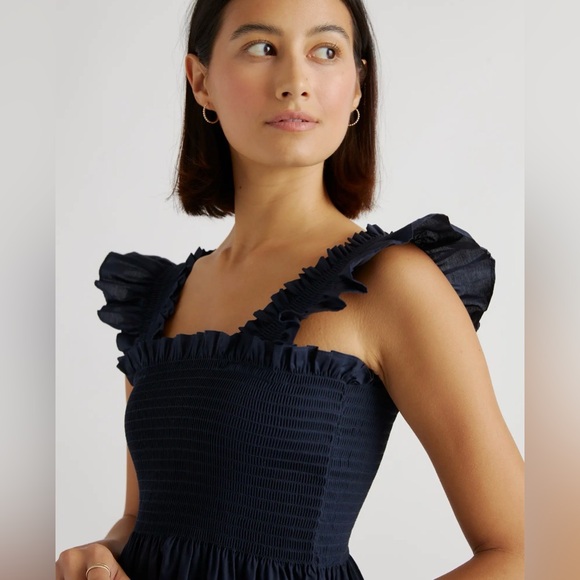 NWT Quince 100% Organic Cotton Poplin Smocked Midi Dress in Navy - Picture 2 of 10